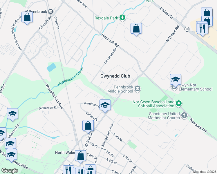 map of restaurants, bars, coffee shops, grocery stores, and more near 1 Kearney Drive in North Wales