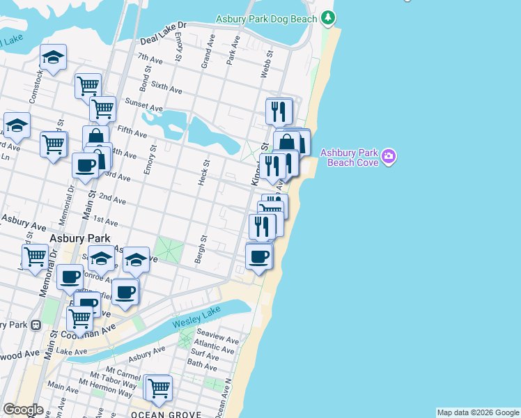 map of restaurants, bars, coffee shops, grocery stores, and more near in Asbury Park