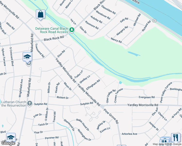 map of restaurants, bars, coffee shops, grocery stores, and more near 1601 Westover Road in Yardley