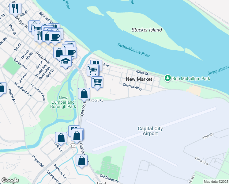 map of restaurants, bars, coffee shops, grocery stores, and more near Airport Road in New Cumberland