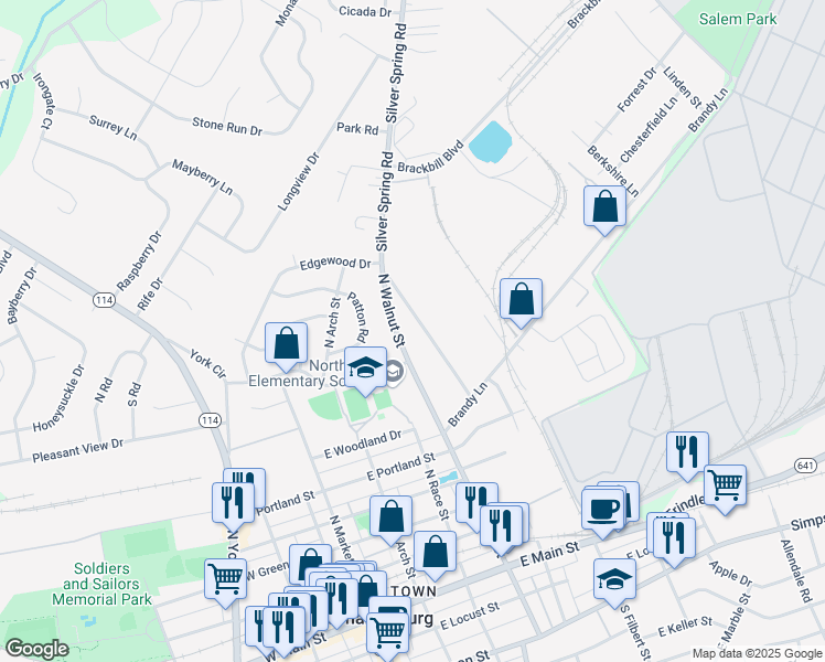 map of restaurants, bars, coffee shops, grocery stores, and more near 907 Old Silver Springs Road in Mechanicsburg