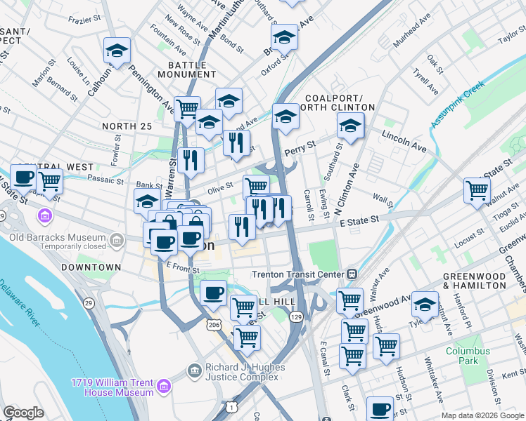 map of restaurants, bars, coffee shops, grocery stores, and more near 28 North Stockton Street in Trenton