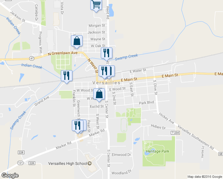 map of restaurants, bars, coffee shops, grocery stores, and more near 45 East Wood Street in Versailles