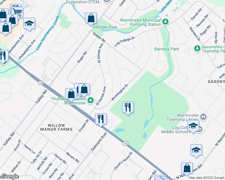 map of restaurants, bars, coffee shops, grocery stores, and more near 733 Pelham Avenue in Warminster