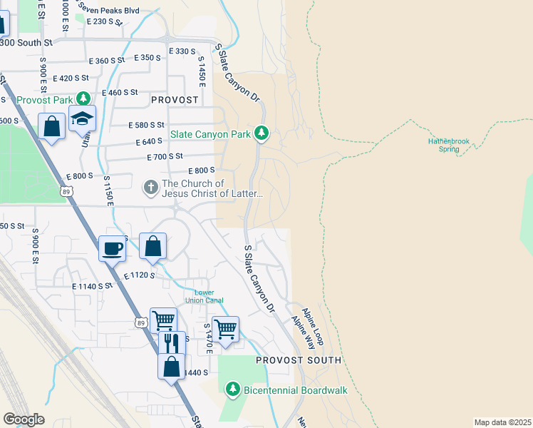 map of restaurants, bars, coffee shops, grocery stores, and more near 945 South Aspen Place in Provo