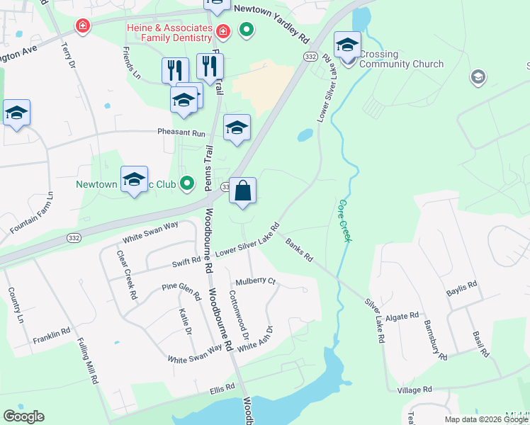 map of restaurants, bars, coffee shops, grocery stores, and more near 41 University Dr in Newtown