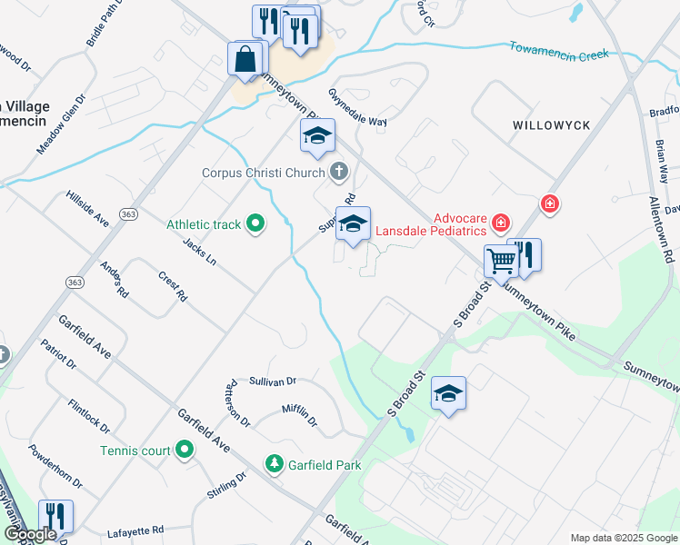 map of restaurants, bars, coffee shops, grocery stores, and more near 1641 Supplee Road in Lansdale