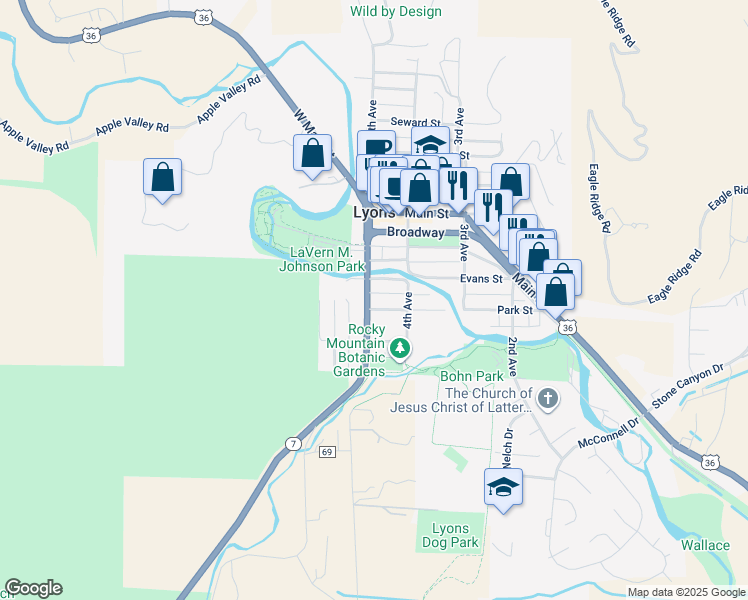 map of restaurants, bars, coffee shops, grocery stores, and more near 441 Evans Street in Lyons