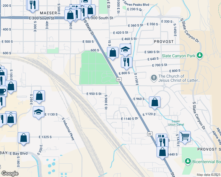 map of restaurants, bars, coffee shops, grocery stores, and more near 915 East 900 South in Provo