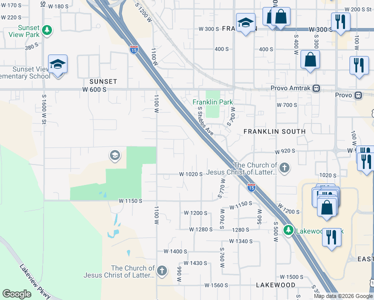 map of restaurants, bars, coffee shops, grocery stores, and more near 843s West 770 South Street in Provo