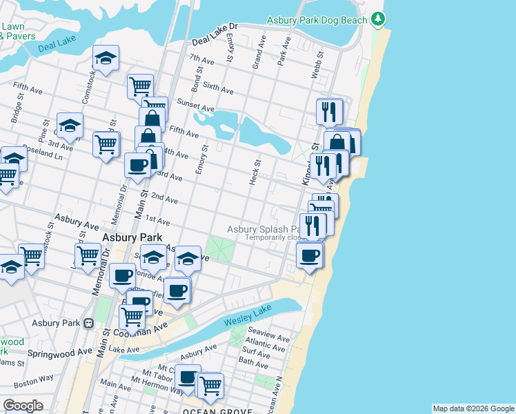 map of restaurants, bars, coffee shops, grocery stores, and more near 305 3rd Avenue in Asbury Park
