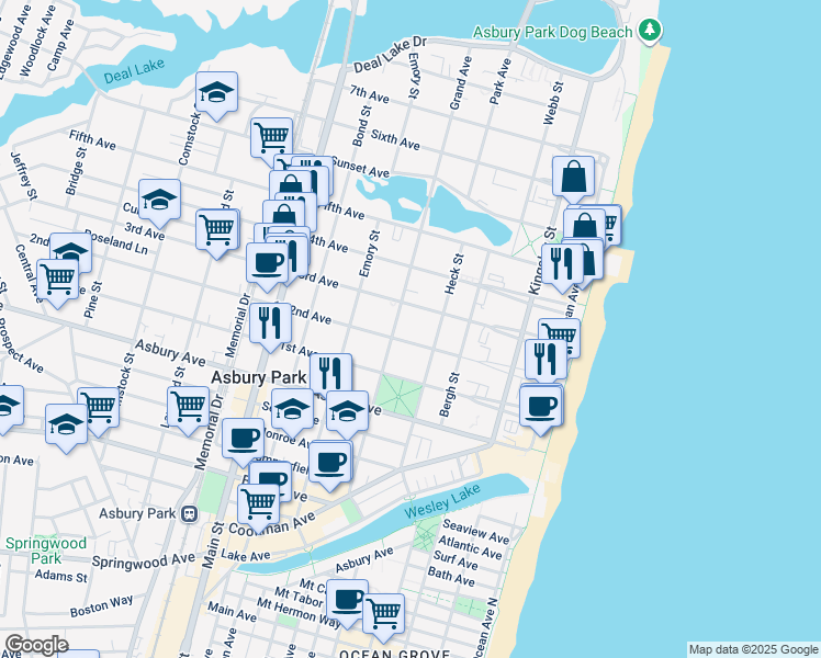 map of restaurants, bars, coffee shops, grocery stores, and more near 409 3rd Avenue in Asbury Park