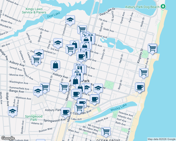 map of restaurants, bars, coffee shops, grocery stores, and more near 705 2nd Avenue in Asbury Park