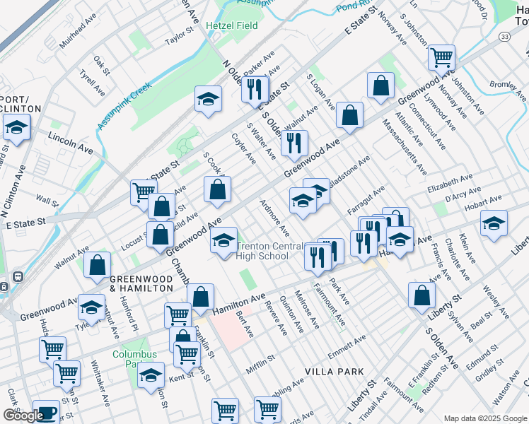 map of restaurants, bars, coffee shops, grocery stores, and more near 1031 Greenwood Avenue in Trenton