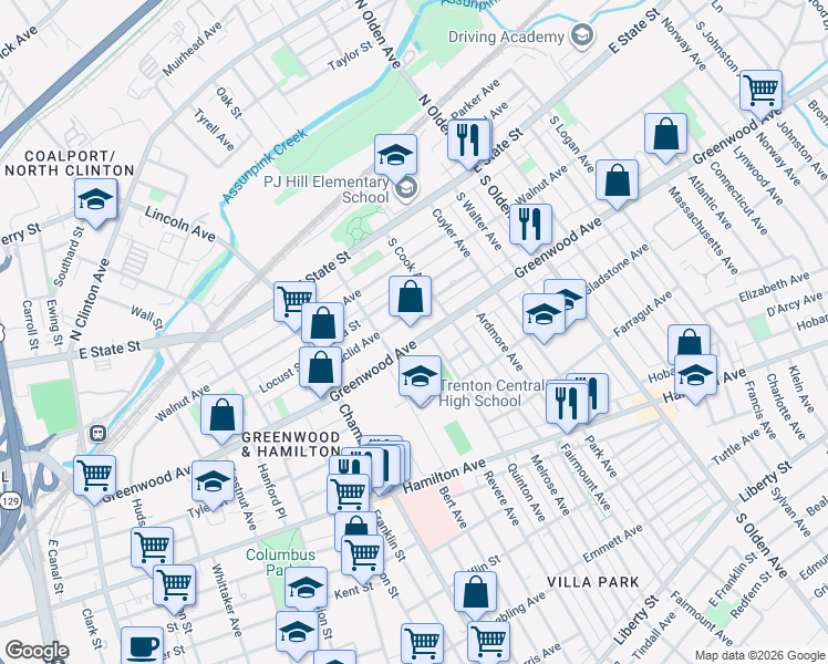 map of restaurants, bars, coffee shops, grocery stores, and more near 342 Euclid Avenue in Trenton