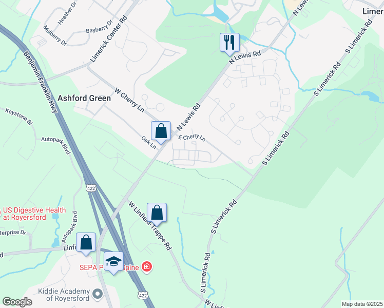 map of restaurants, bars, coffee shops, grocery stores, and more near 312 Holly Drive in Royersford