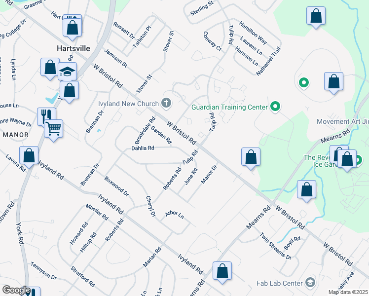 map of restaurants, bars, coffee shops, grocery stores, and more near 1276 Dahlia Road in Warminster