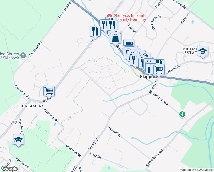 map of restaurants, bars, coffee shops, grocery stores, and more near 4032 Ottawa Court in Skippack