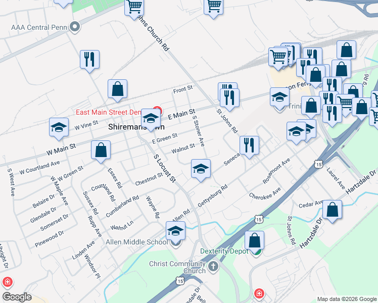 map of restaurants, bars, coffee shops, grocery stores, and more near 106 South Stoner Avenue in Shiremanstown