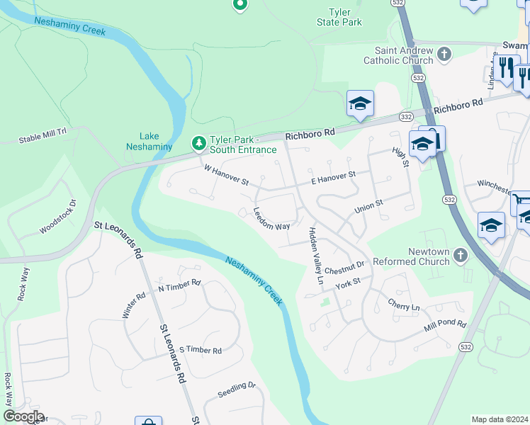 map of restaurants, bars, coffee shops, grocery stores, and more near 160 Leedom Way in Newtown