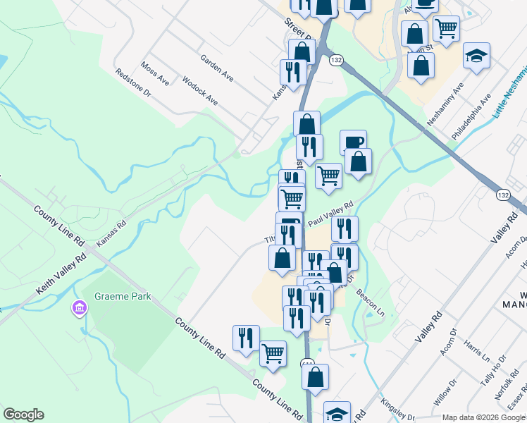 map of restaurants, bars, coffee shops, grocery stores, and more near 366 Easton Road in Warrington