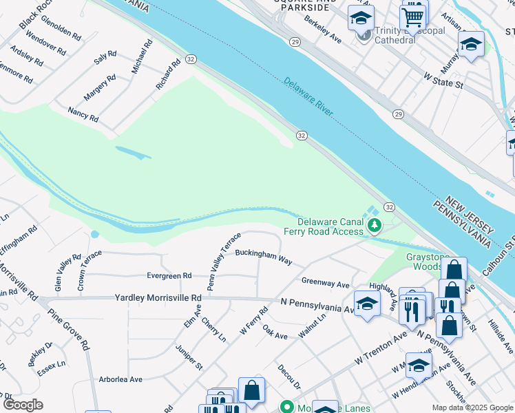 map of restaurants, bars, coffee shops, grocery stores, and more near 215 Penn Valley Terrace in Morrisville