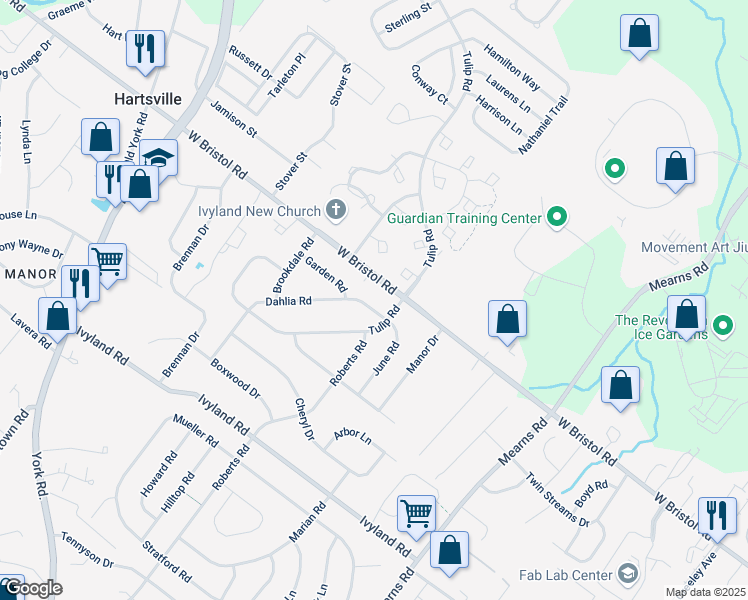 map of restaurants, bars, coffee shops, grocery stores, and more near 1276 Dahlia Road in Warminster