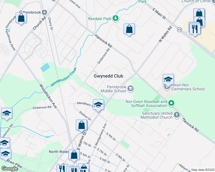 map of restaurants, bars, coffee shops, grocery stores, and more near 50 Wexford Drive in North Wales