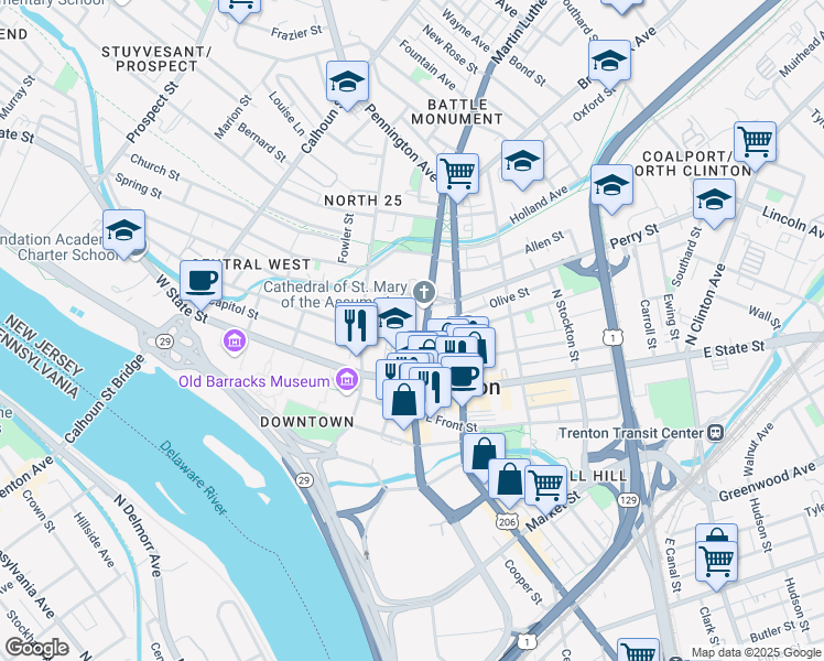 map of restaurants, bars, coffee shops, grocery stores, and more near 26 West Hanover Street in Trenton