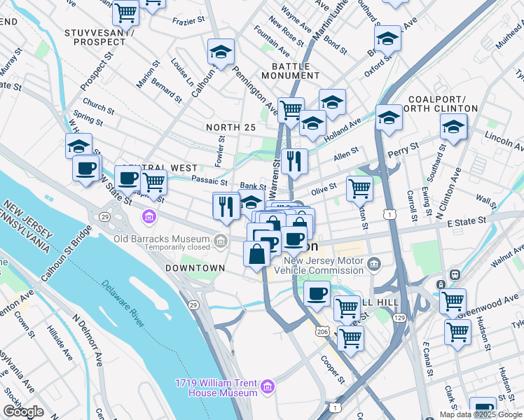 map of restaurants, bars, coffee shops, grocery stores, and more near 26 Hanover Place in Trenton