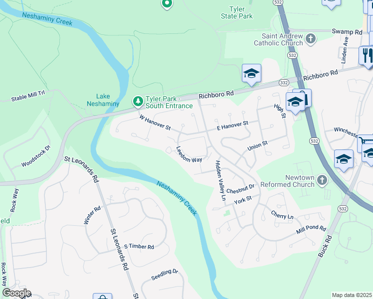 map of restaurants, bars, coffee shops, grocery stores, and more near 163 Leedom Way in Newtown