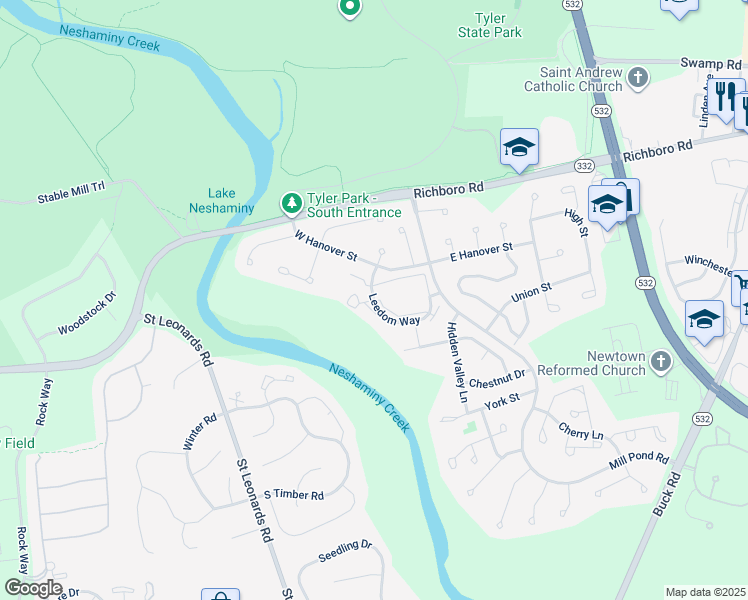 map of restaurants, bars, coffee shops, grocery stores, and more near 160 Leedom Way in Newtown
