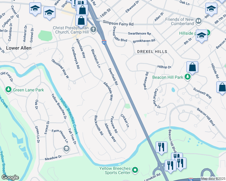 map of restaurants, bars, coffee shops, grocery stores, and more near 305 Allendale Way in Camp Hill