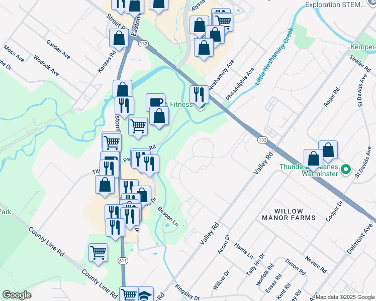 map of restaurants, bars, coffee shops, grocery stores, and more near 24 Basswood Court in Warrington