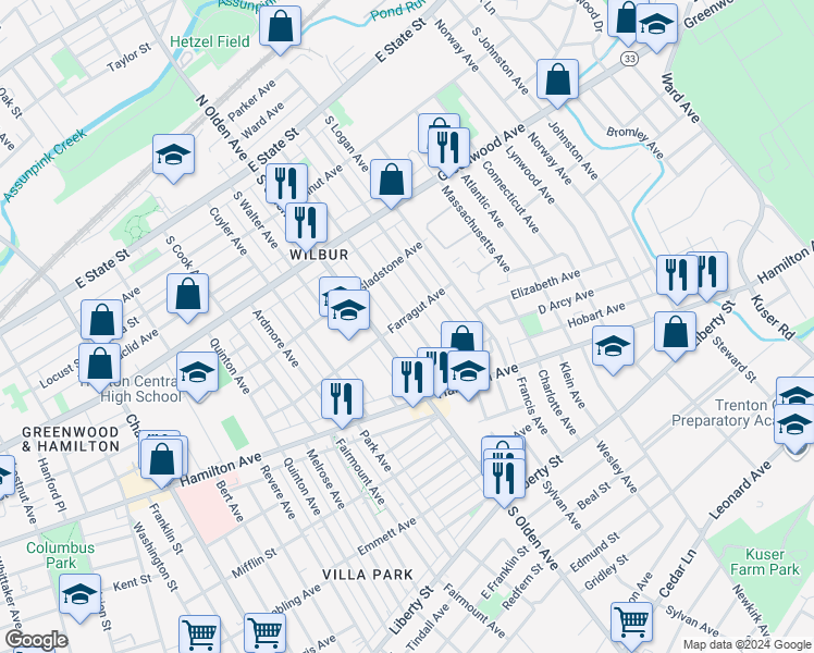 map of restaurants, bars, coffee shops, grocery stores, and more near 405 Garfield Avenue in Trenton