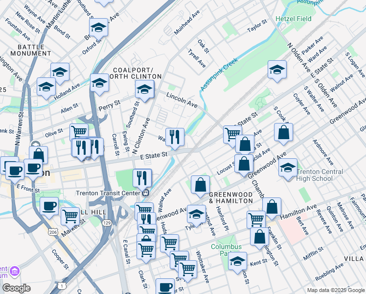 map of restaurants, bars, coffee shops, grocery stores, and more near 201 Monmouth Street in Trenton
