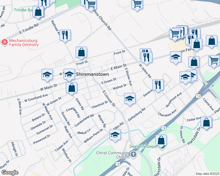 map of restaurants, bars, coffee shops, grocery stores, and more near 201 East Walnut Street in Shiremanstown