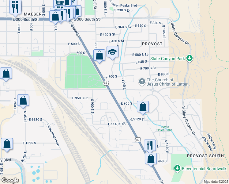 map of restaurants, bars, coffee shops, grocery stores, and more near 915 East 900 South in Provo