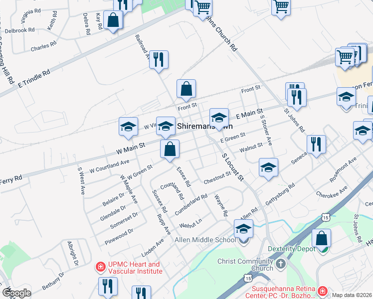 map of restaurants, bars, coffee shops, grocery stores, and more near 1 West Green Street in Shiremanstown
