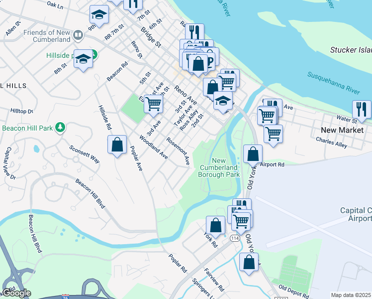map of restaurants, bars, coffee shops, grocery stores, and more near 117 Rosemont Avenue in New Cumberland