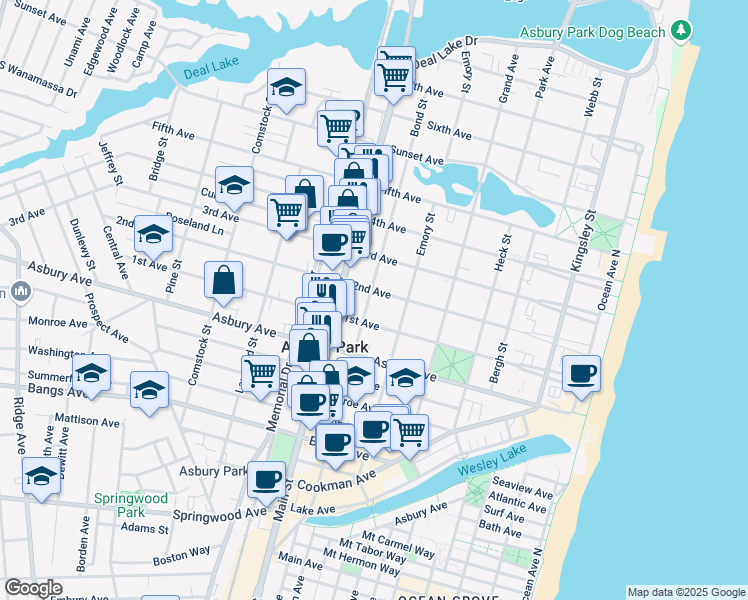 map of restaurants, bars, coffee shops, grocery stores, and more near 705 2nd Avenue in Asbury Park