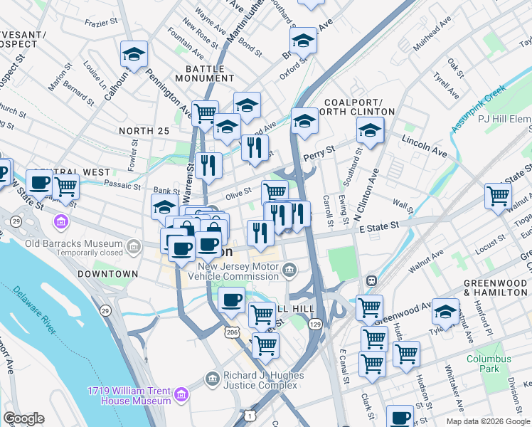 map of restaurants, bars, coffee shops, grocery stores, and more near 54 North Stockton Street in Trenton