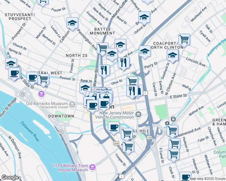 map of restaurants, bars, coffee shops, grocery stores, and more near 120 Academy Street in Trenton