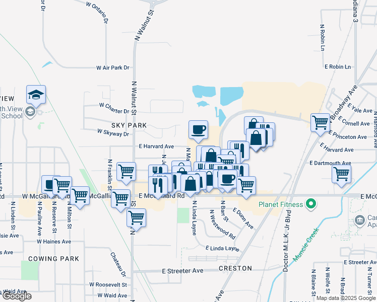 map of restaurants, bars, coffee shops, grocery stores, and more near 3600-3698 North Madison Street in Muncie
