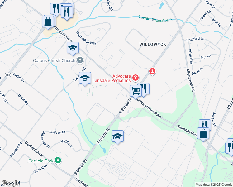 map of restaurants, bars, coffee shops, grocery stores, and more near 1602 Samantha Ct in Lansdale
