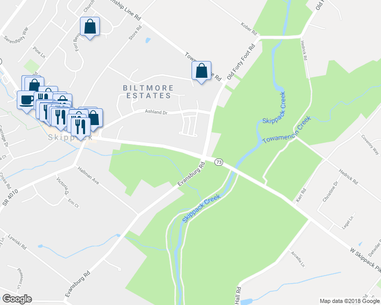 map of restaurants, bars, coffee shops, grocery stores, and more near 3815 Skippack Pike in Harleysville