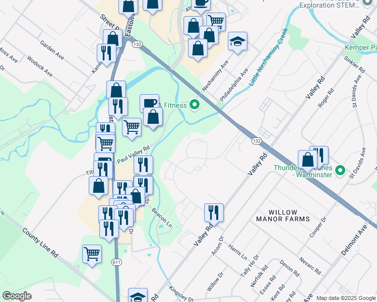 map of restaurants, bars, coffee shops, grocery stores, and more near 173 Basswood Court in Warrington
