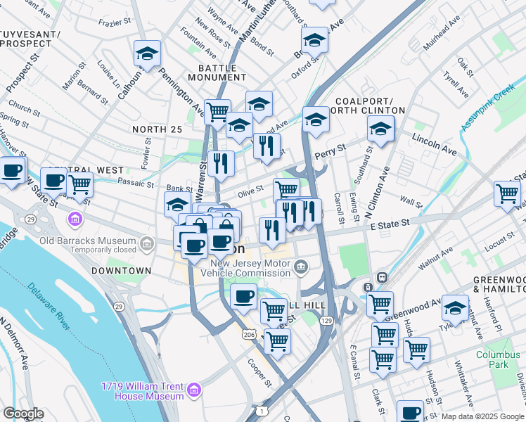 map of restaurants, bars, coffee shops, grocery stores, and more near 10 Wood Street in Trenton