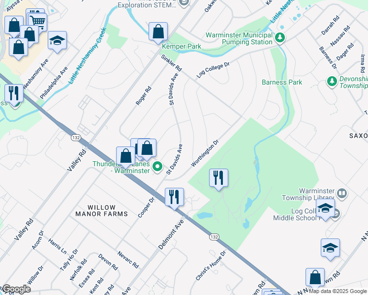map of restaurants, bars, coffee shops, grocery stores, and more near 729 Saint Davids Avenue in Warminster