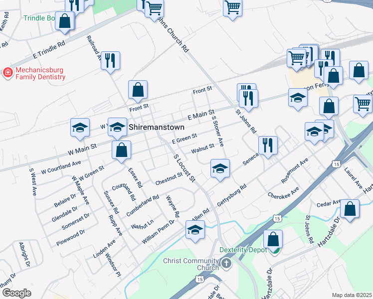 map of restaurants, bars, coffee shops, grocery stores, and more near 201 East Walnut Street in Shiremanstown